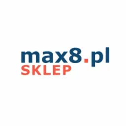 Logo sklepu internetowego max8.pl z napisem 'SKLEP' w kolorze koralowym pod adresem strony, na białym tle.