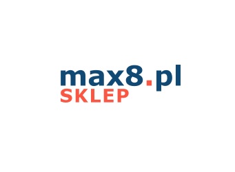 Logo sklepu internetowego max8.pl z napisem 'SKLEP' w kolorze koralowym pod adresem strony, na białym tle.