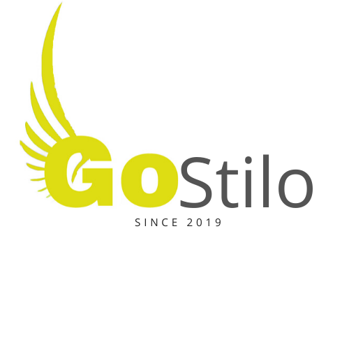Logo firmy GoStilo z żółtym symbolem skrzydła i napisem 'SINCE 2019' w szarym kolorze.