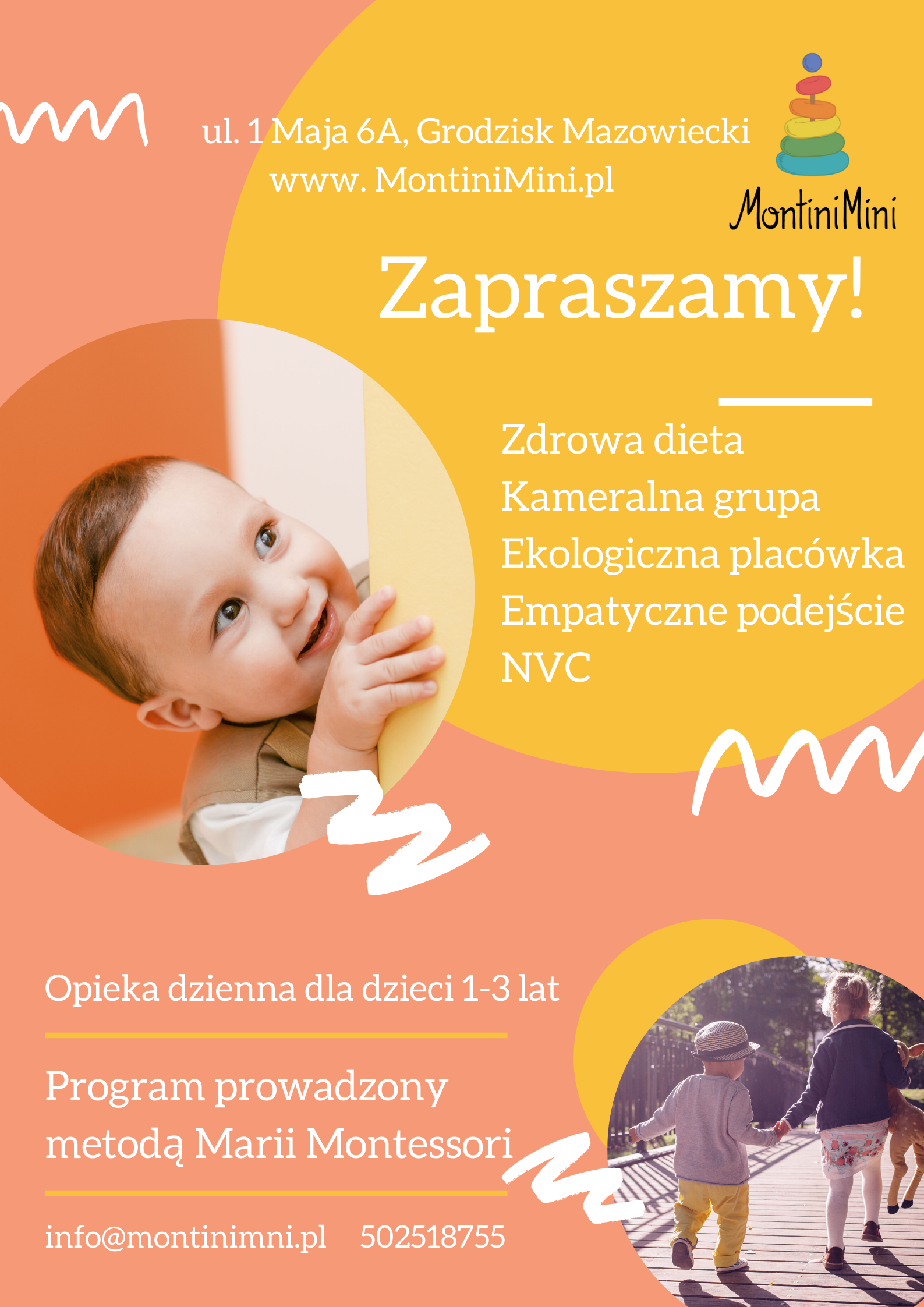 Reklama placówki edukacyjnej dla dzieci z uśmiechniętym maluchem wyglądającym zza rogu, informacjami o ofercie i spacerującymi dziećmi na moście.