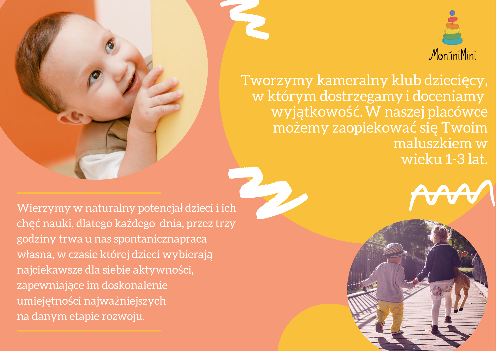 Uśmiechnięty niemowlak wyglądający zza żółtej ściany, obok tekst o kameralnym klubie dziecięcym i logo MontiniMini.