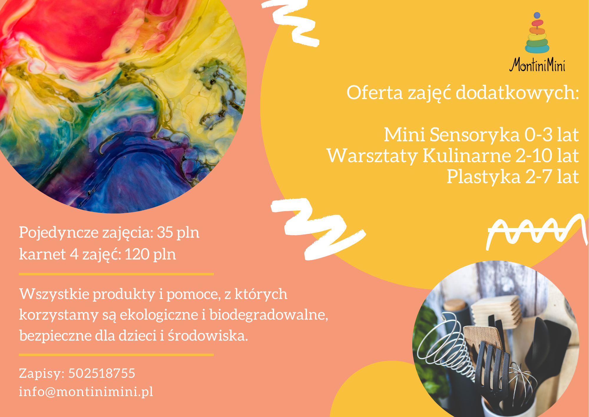 Grafika reklamowa z ofertą zajęć dodatkowych dla dzieci, w tym mini sensoryka, warsztaty kulinarne i plastyka, z informacją o cenach i ekologicznych produktach.