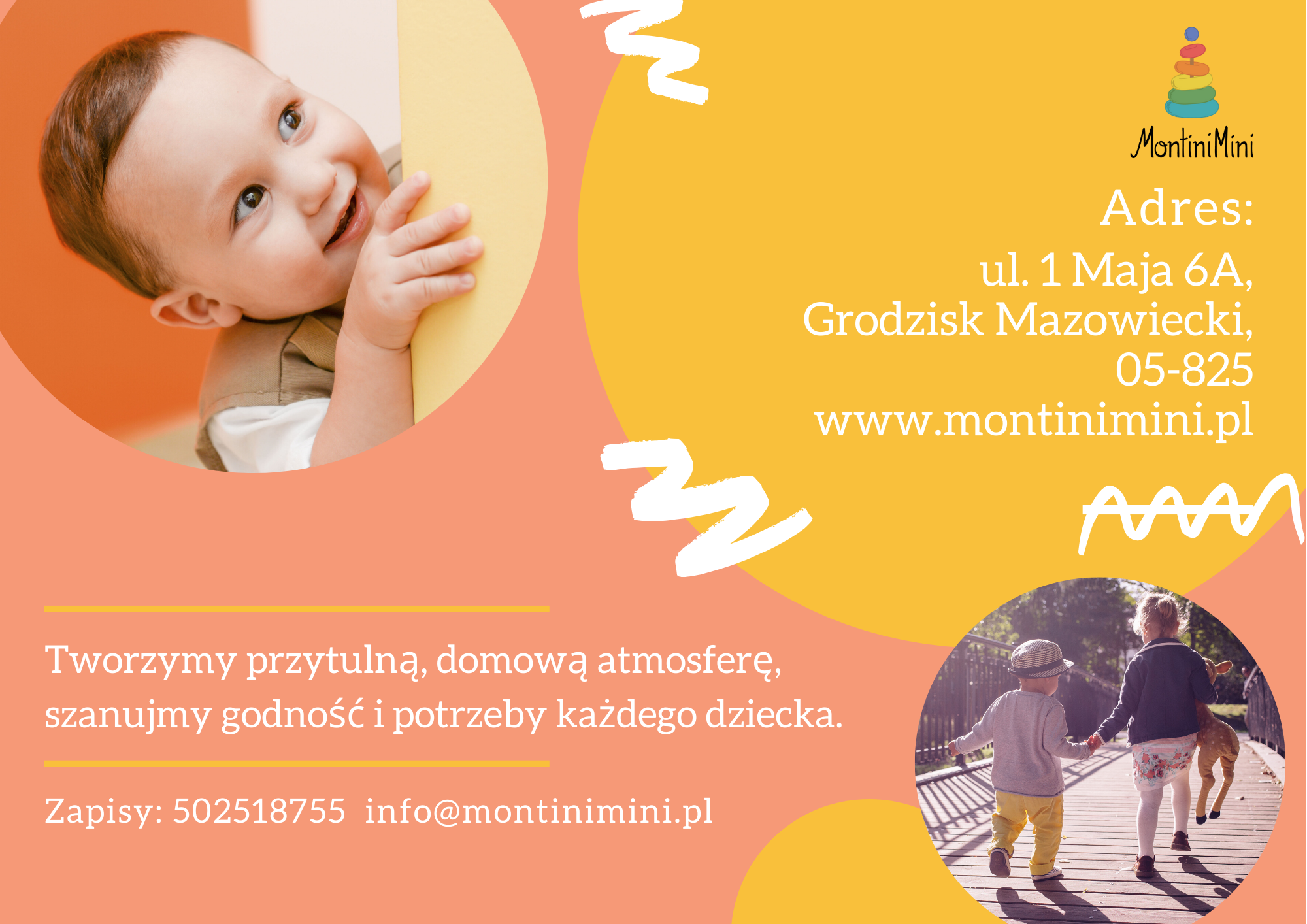 Reklama żłobka MontiniMini z uśmiechniętym dzieckiem wyglądającym zza żółtej ściany, adres i dane kontaktowe firmy.