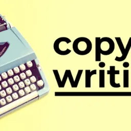 Retro, błękitna maszyna do pisania z układem klawiszy AZERTY, umieszczona na dwukolorowym tle (żółty i różowy), obok napisu 'copy writing' w czcionce bezszeryfowej.