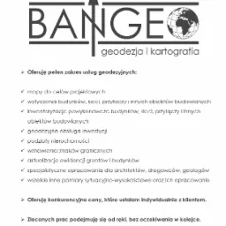 Logo firmy geodezyjnej BANGE z globusem, oferującej szeroki zakres usług: mapy, wytyczenia, inwentaryzacje, podziały nieruchomości i inne pomiary.