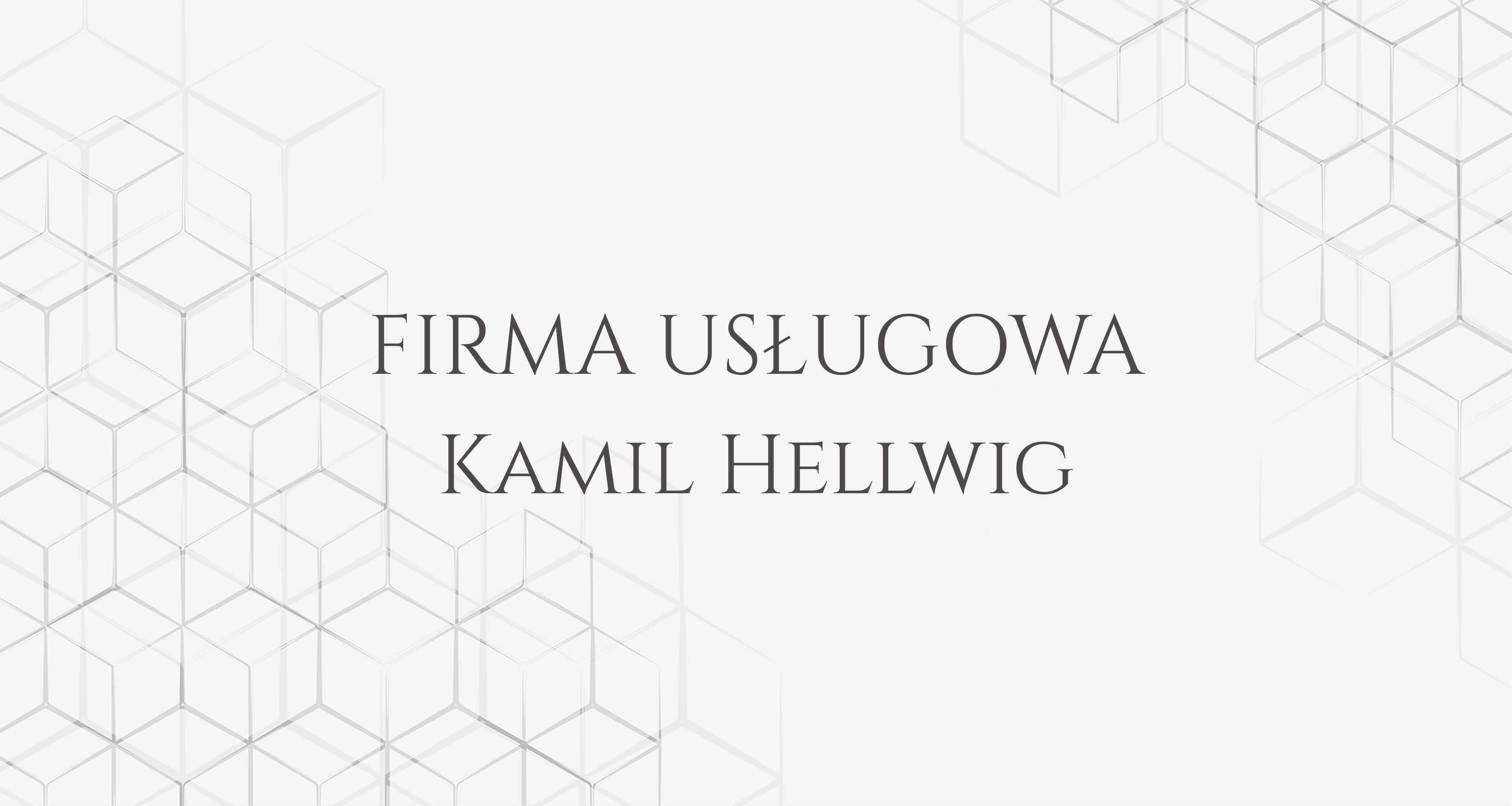 Minimalistyczne logo firmy usługowej Kamil Hellwig na jasnoszarym tle z subtelnym geometrycznym wzorem w tle.
