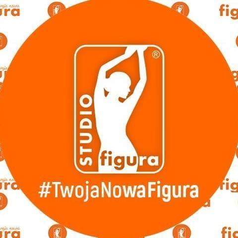 Pomarańczowe logo Studio Figura z białą sylwetką kobiety i hasłem #TwojaNowaFigura.