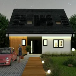 Nowoczesny dom jednorodzinny z panelami słonecznymi na dachu, oświetlonym podjazdem i czerwonym samochodem Fiat 500 na tle nocnego nieba.