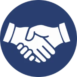 Ikona przedstawiająca biały uścisk dłoni na ciemnoniebieskim okręgu, symbolizująca porozumienie lub umowę.