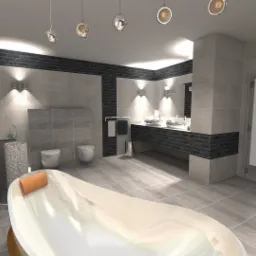 Wizualizacja łazienki w odcieniach szarości z czarnymi akcentami cegieł, owalna wanna z pomarańczową poduszką, umywalki nablatowe i toalety w tle.