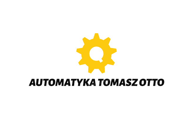 Logo firmy Automatyka Tomasz Otto z żółtą zębatką z literą Q w środku na białym tle.