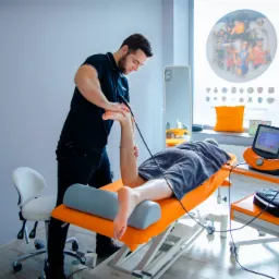 Mężczyzna w czarnym stroju wykonuje zabieg z użyciem urządzenia INDIBA na stopie pacjenta leżącego na pomarańczowym stole do terapii w jasnym gabinecie.