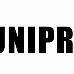 Graficzne logo firmy Uniprojekt z abstrakcyjnym symbolem labiryntu w odcieniach beżu i błękitu oraz czarnym napisem nazwy firmy.