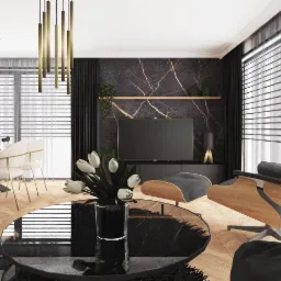 Wizualizacja salonu z jadalnią w stylu nowoczesnym: czarny marmur na ścianie, drewniana podłoga w jodełkę, szklany stolik kawowy z bukietem białych tulipanów, krzesło z drewnianym oparciem, zasłony...