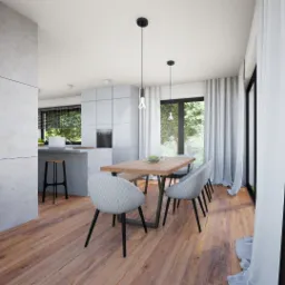 Jasne, nowoczesne wnętrze: drewniana podłoga, stół z metalowymi nogami i szare krzesła, minimalistyczna kuchnia w tle, duże okno z białymi zasłonami.