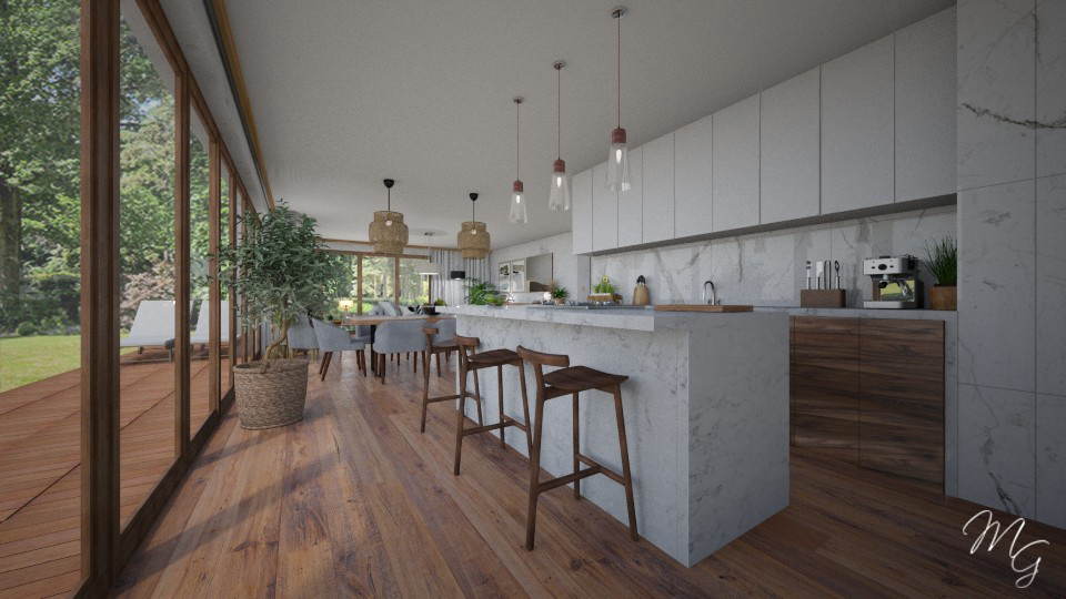 Wnętrze domu z otwartą kuchnią i jadalnią, widok na ogród przez duże okna, drewniana podłoga i bar z hokerami, marmurowy blat kuchenny i backsplash, wiszące lampy nad barem, roślina doniczkowa przy...