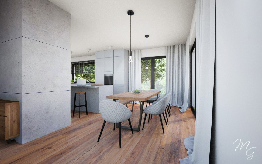 Jasne, nowoczesne wnętrze: drewniana podłoga, stół z metalowymi nogami i szare krzesła, minimalistyczna kuchnia w tle, duże okno z białymi zasłonami.