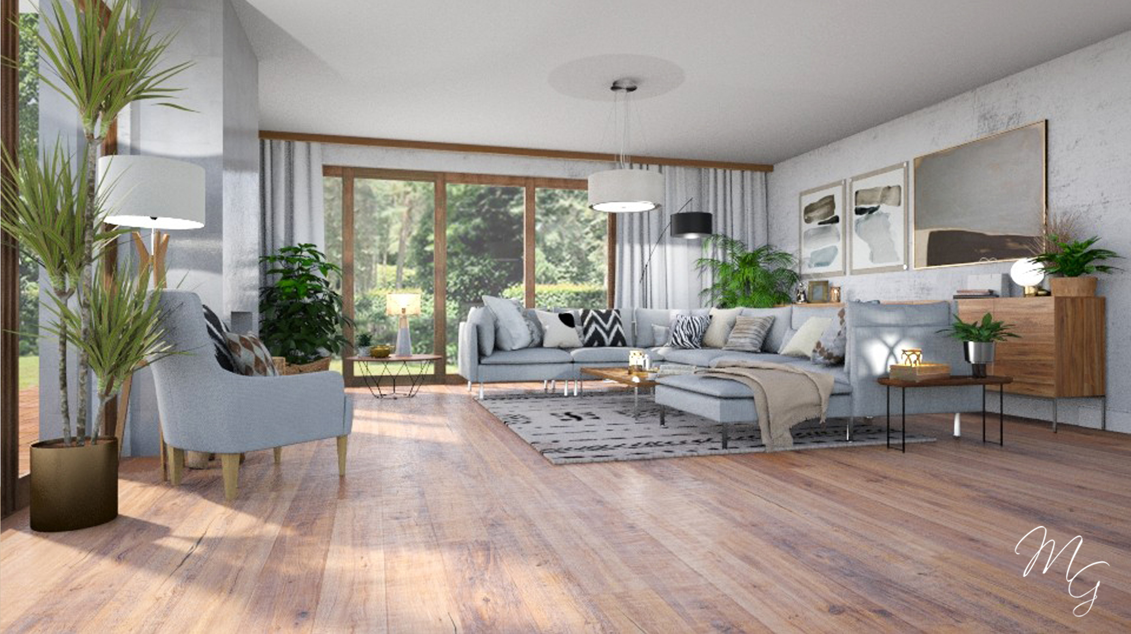 Jasny salon z drewnianą podłogą, szarą sofą narożną z poduszkami, dywanem w geometryczne wzory i dużymi oknami z widokiem na zieleń.