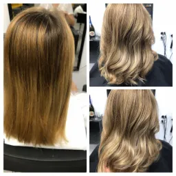 Przed i po koloryzacji włosów: widoczne odrosty i matowe włosy przed zabiegiem, a następnie odświeżony, blond odcień z delikatnymi falami po strzyżeniu i stylizacji.