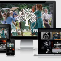 Responsywna strona internetowa festiwalu muzycznego na monitorze, laptopie, tablecie i smartfonie, prezentująca logo z motywem drzewa i zdjęcia z wydarzenia.
