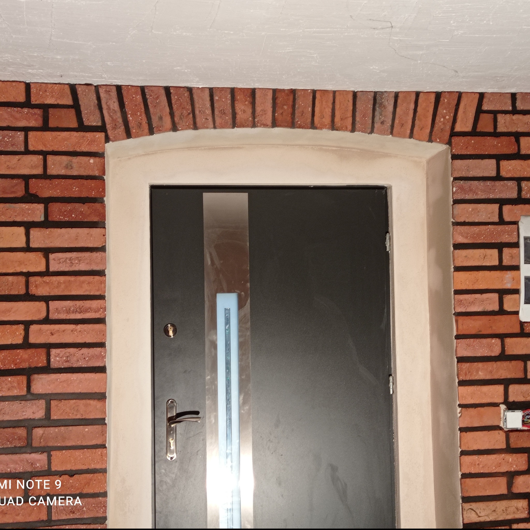 Ciemne drzwi wejściowe z ościeżnicą w jasnym odcieniu, otoczone dekoracyjną ścianą z cegły klinkierowej. Nadproże łukowe z cegieł. Widoczny fragment sufitu.
