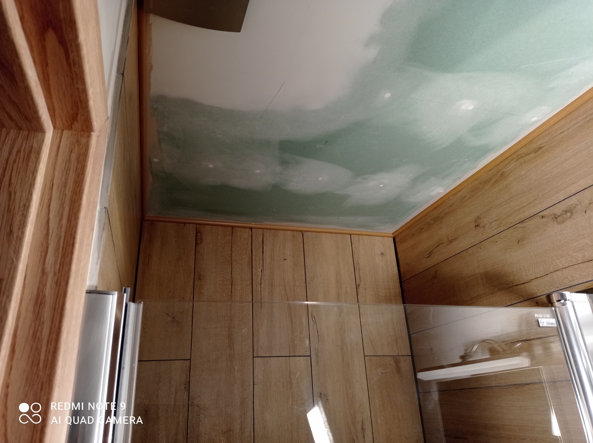 Fragment łazienki w trakcie wykańczania: drewnopodobne panele ścienne, sufit w trakcie szpachlowania, widoczna kabina prysznicowa z przezroczystego szkła.