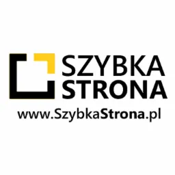 Logo firmy Szybka Strona z adresem strony internetowej, czarny kwadrat z żółtym narożnikiem.