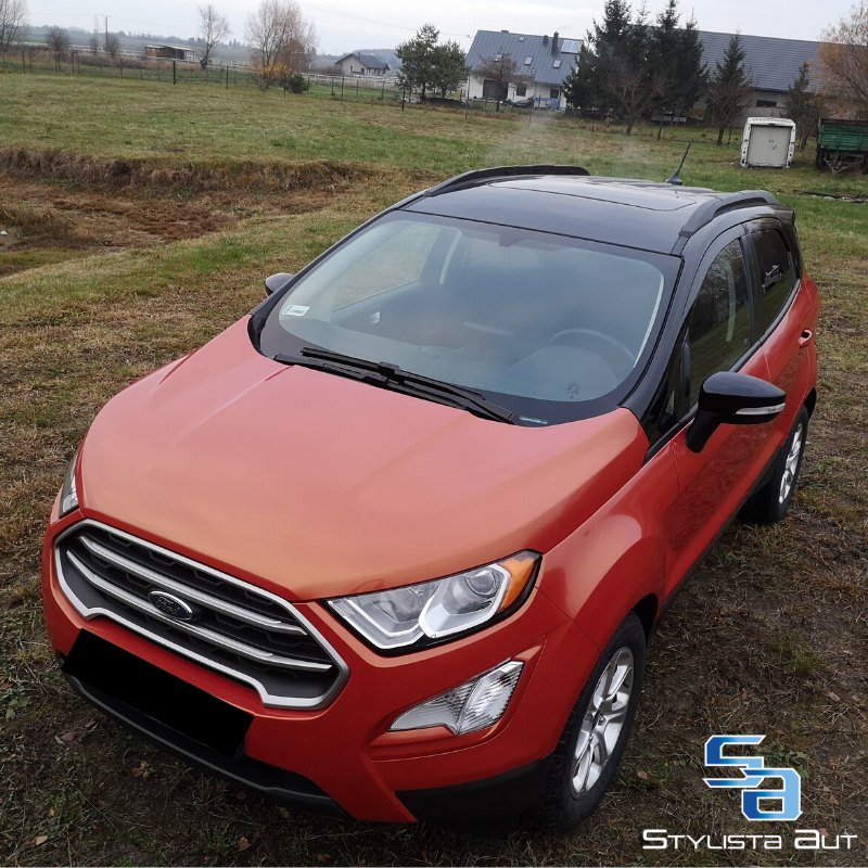 Pomarańczowy Ford EcoSport z czarnym dachem i przyciemnionymi szybami, zaparkowany na trawiastym terenie z widokiem na domy w tle.