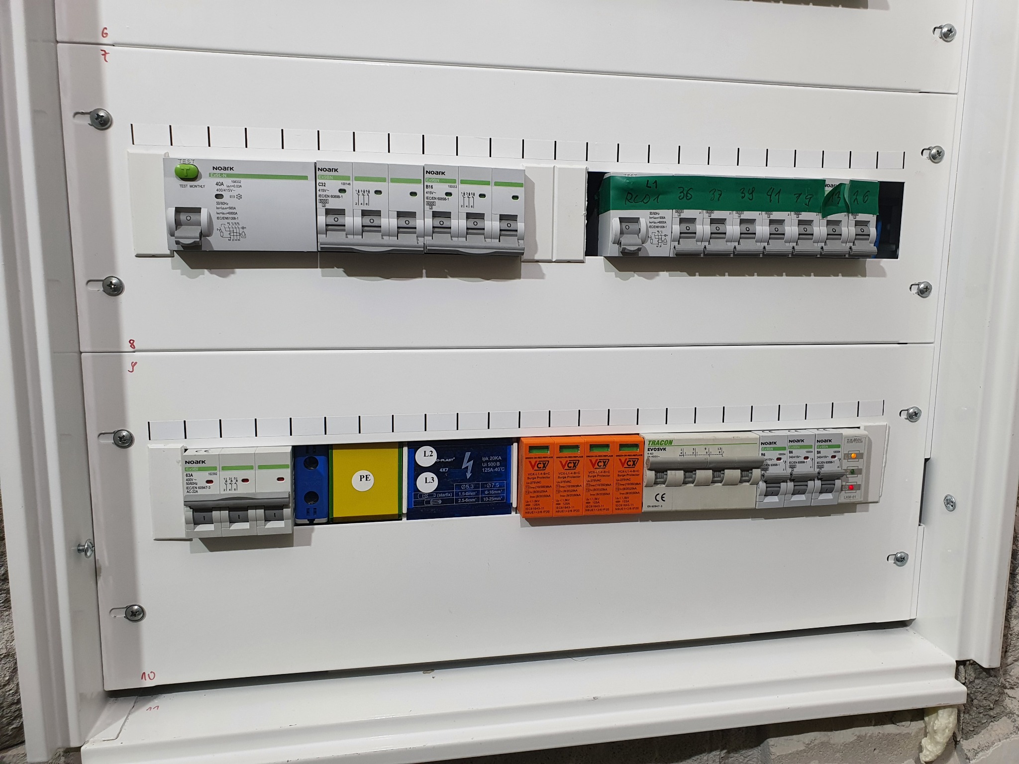 Rozdzielnica elektryczna z zainstalowanymi bezpiecznikami, ogranicznikiem przepięć i wyłącznikami różnicowoprądowymi, widoczne oznaczenia L1, L2, L3, PE.