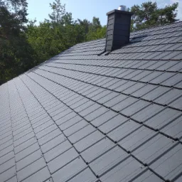 Szary dach z blachodach&oacute;wki z kominem na tle zielonych drzew i błękitnego nieba.