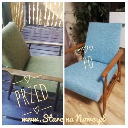 Renowacja Mebli Stare na Nowe - Krzesło z drewnianymi podłokietnikami, po lewej stronie z zieloną tapicerką z wzorem, po prawej z nową, błękitną tapicerką. Widoczne napisy 'PRZED', 'PO' i adres strony internetowej.
