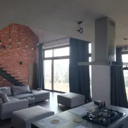 Przestronny salon z ceglaną ścianą, metalowymi schodami, szarą sofą narożną i otwartą kuchnią z nowoczesną wyspą oraz widokiem na zewnątrz przez duże okna.
