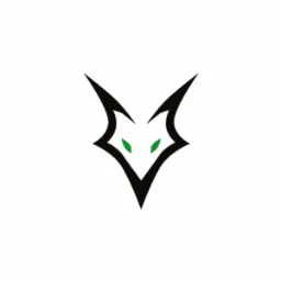 Stylizowana głowa lisa z ostrymi uszami i zielonymi oczami na białym tle.