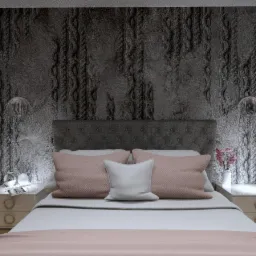 Elegancka sypialnia z szarą tapetą o wzorze warkocza, z łóżkiem z szarym zagłówkiem i różowymi poduszkami, oświetlona przez szklane kinkiety i lampki nocne na białych szafkach.