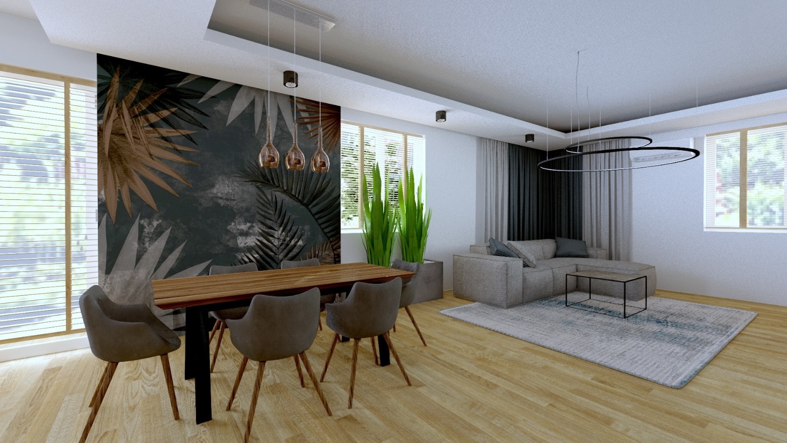 Wizualizacja salonu z drewnianym stołem, szarymi krzesłami, tapetą z motywem liści palmowych, szarą sofą narożną i okrągłą lampą sufitową.