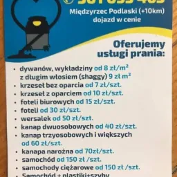 Ulotka reklamowa mobilnych usług prania z cennikiem dywanów, krzeseł, foteli, wersalek, kanap i samochodów, z ilustracją stylizowanego odkurzacza.