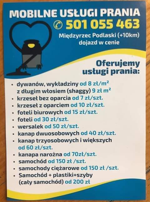 Ulotka reklamowa mobilnych usług prania z cennikiem dywanów, krzeseł, foteli, wersalek, kanap i samochodów, z ilustracją stylizowanego odkurzacza.