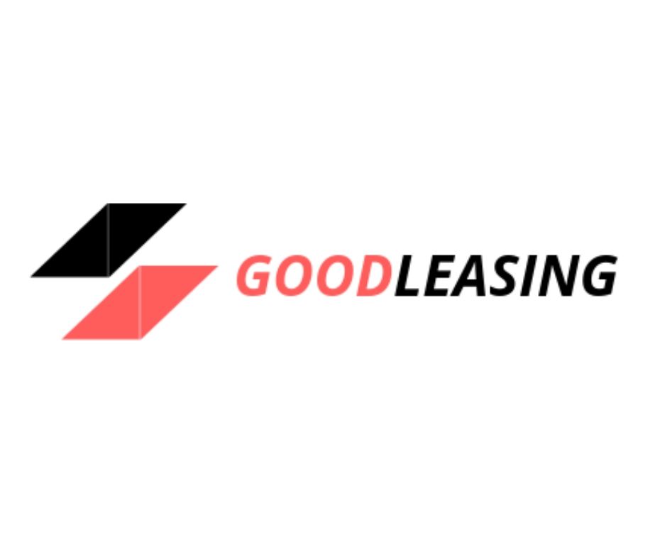 Logo firmy GoodLeasing z abstrakcyjnym symbolem w kolorach czarnym i koralowym, nazwa firmy w kolorze czarnym i koralowym na białym tle.