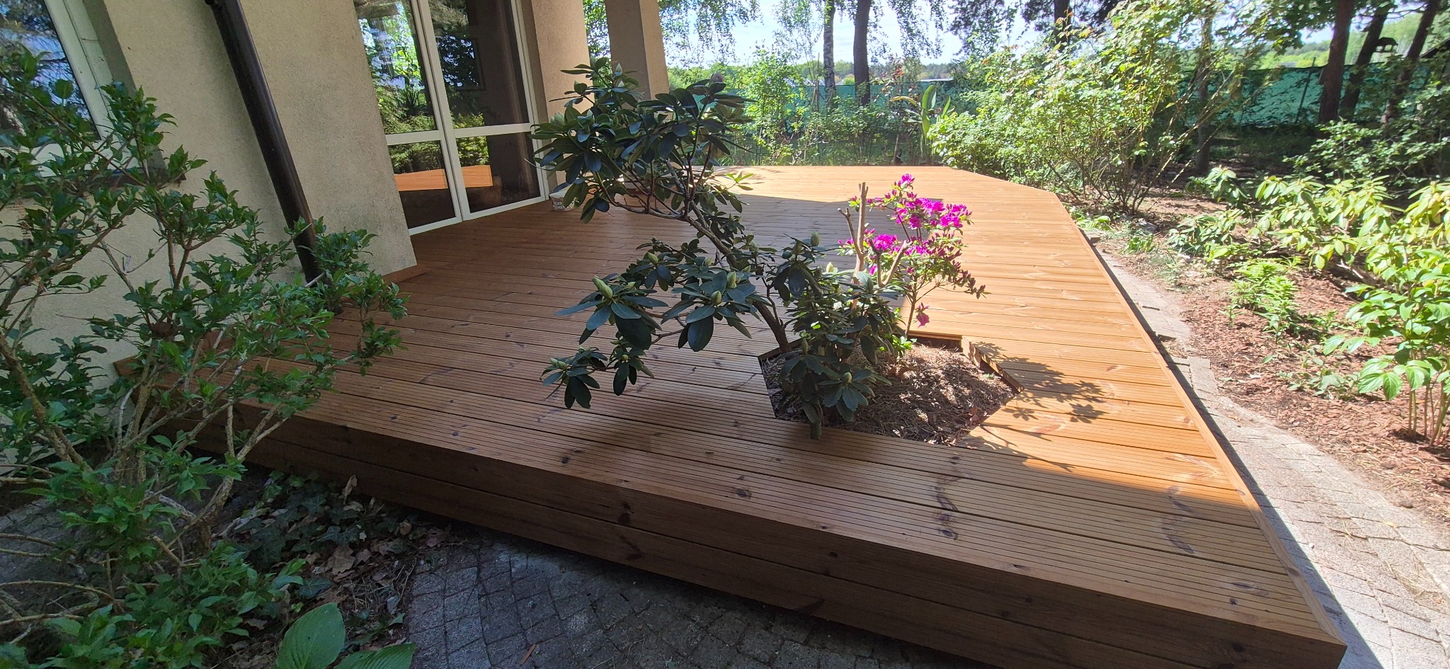 Jasny, drewniany taras z roślinami wbudowanymi w deskach, obok domu i ogrodu. Widoczne deski tarasowe, rośliny ozdobne, fragment elewacji. Słoneczny dzień.