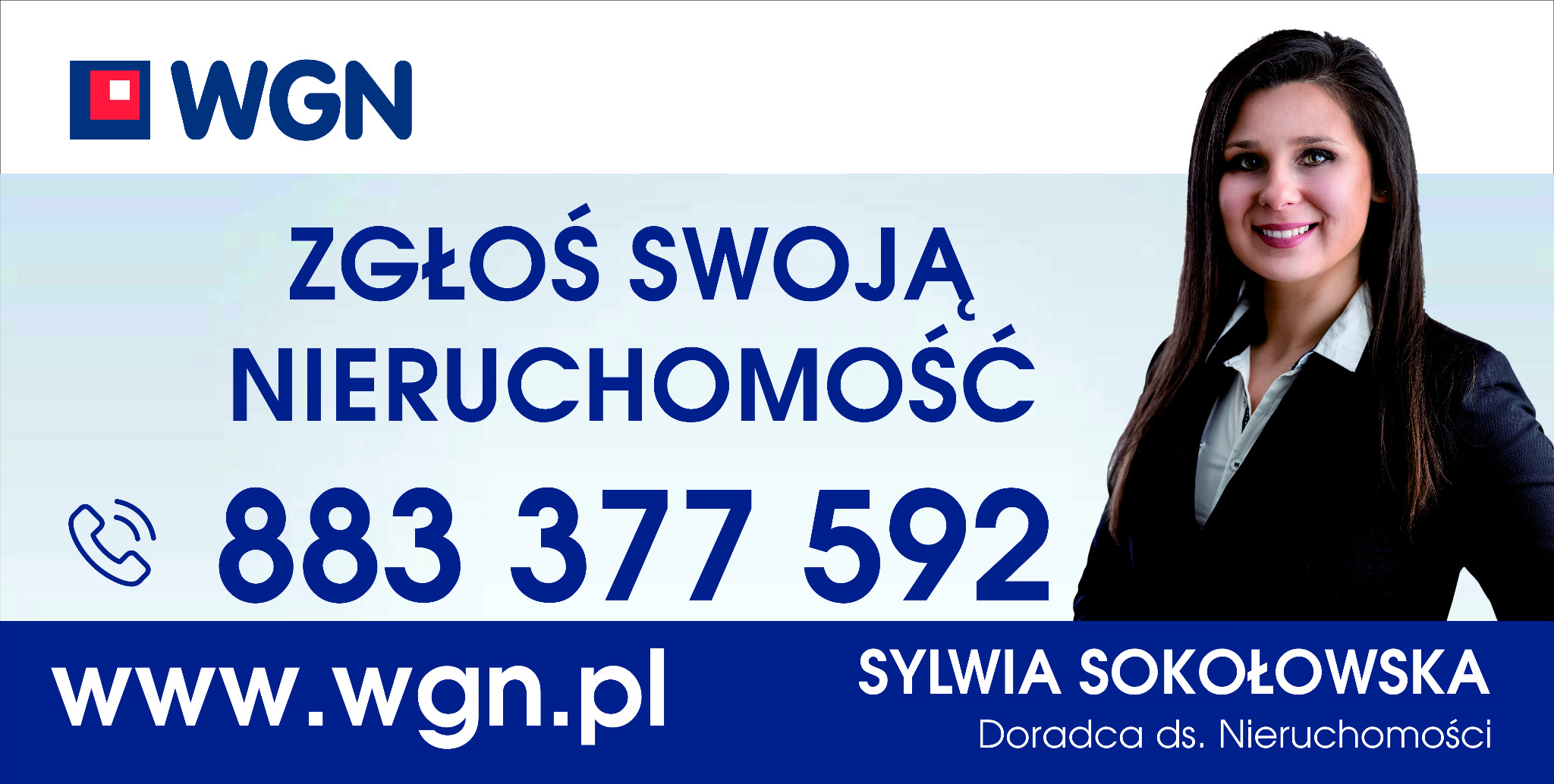 WGN - Zgłoś swoją nieruchomość: kontakt telefoniczny, adres strony internetowej oraz zdjęcie doradcy ds. nieruchomości - Sylwii Sokołowskiej.
