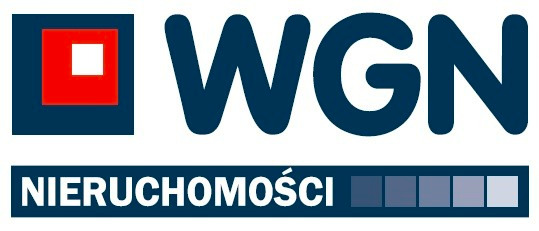 Logo WGN Nieruchomości: granatowy napis WGN, poniżej napis Nieruchomości z gradientem szarości w tle, po lewej stronie granatowy kwadrat z czerwonym kwadratem i białym kwadratem w środku.