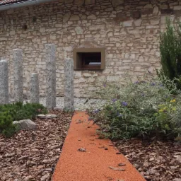 Ogr&oacute;d z elementami dekoracyjnymi: rząd granitowych słupk&oacute;w, ścieżka z czerwonej nawierzchni, rabaty z korą, krzewami i kwiatami na tle kamiennej ściany budynku.