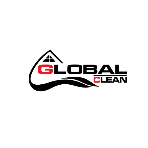 Logo firmy sprzątającej Global Clean z motywem domu w górnej części litery G, czcionka w kolorach czarnym i czerwonym na białym tle.