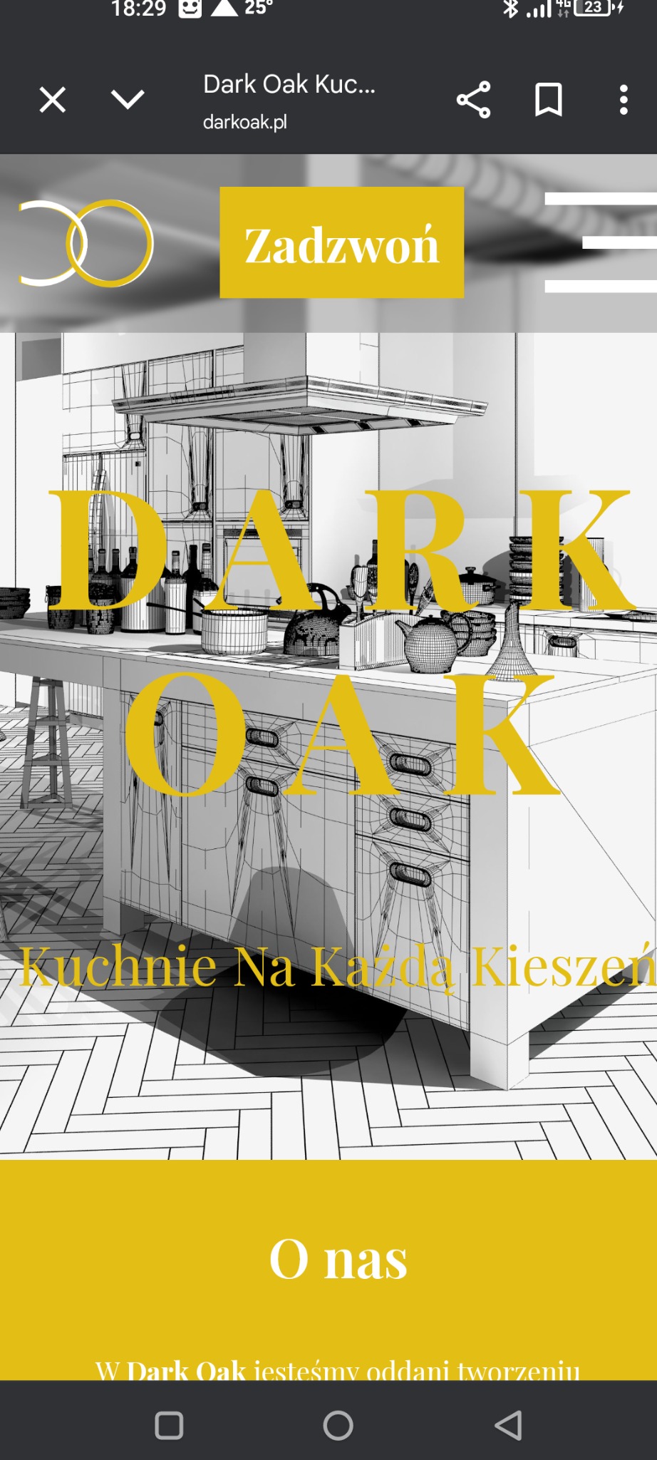 Szkic 3D kuchni z wyspą i akcesoriami, wizualizacja projektu 'Dark Oak' z żółtym tekstem na jasnym tle i napisem 'Kuchnie Na Każdą Kieszeń'.