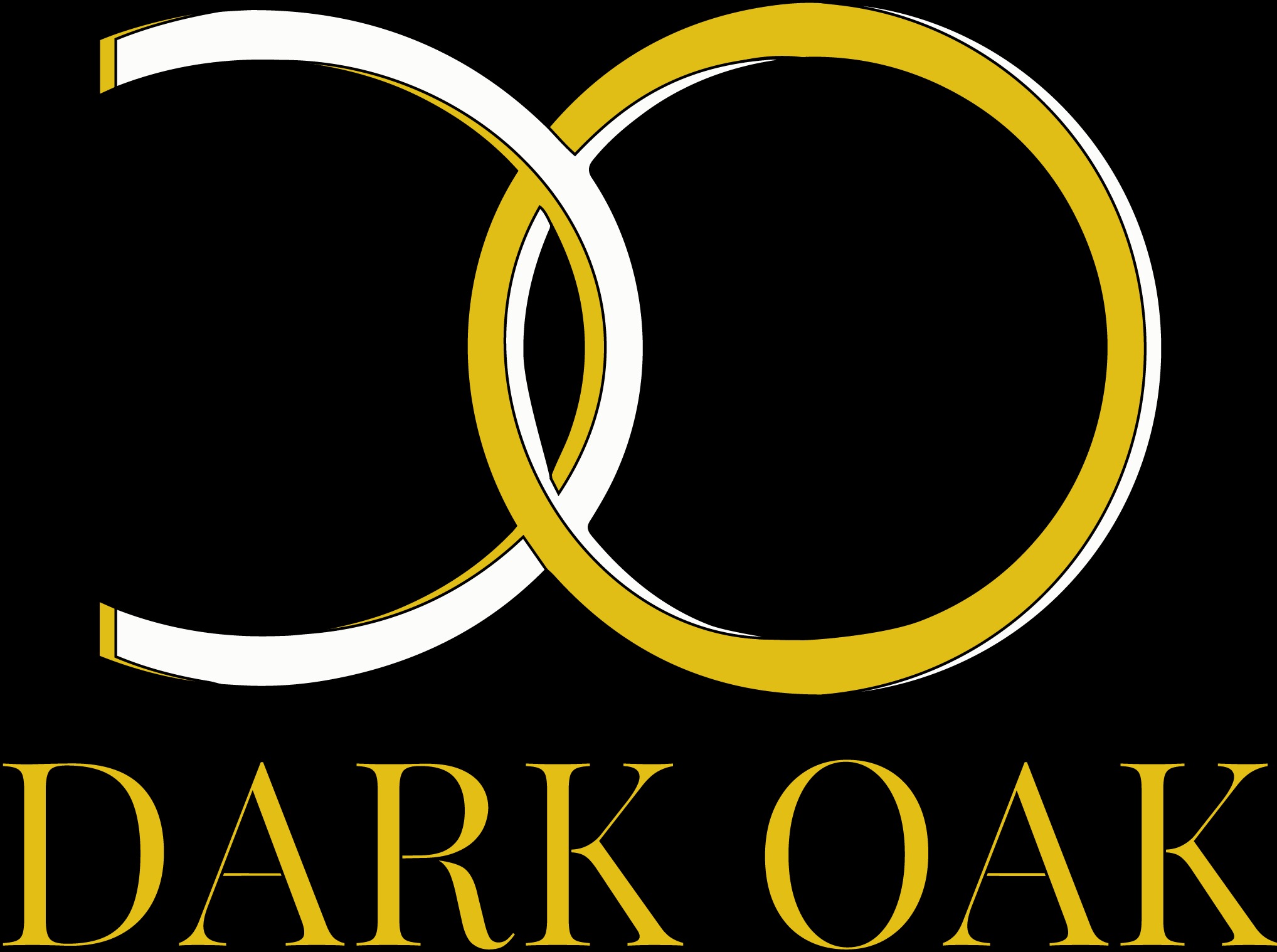 Graficzne logo firmy Dark Oak: dwa splecione okręgi - biały i złoty - nad napisem 'DARK OAK' w kolorze złotym, na czarnym tle. Minimalistyczny design.