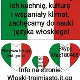 Grafika reklamowa z hasłem zachęcającym do nauki języka, w barwach flagi włoskiej i informacją o darmowej pierwszej lekcji oraz cenie za minutę, kontakt Skype i adres e-mail