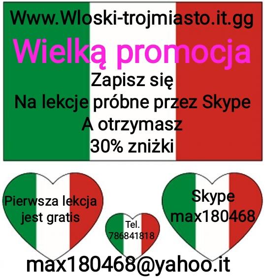 Grafika reklamowa z motywami flagi Włoch, promująca lekcje próbne przez Skype z 30% zniżką i darmową pierwszą lekcją, kontakt przez e-mail i telefon.