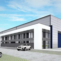 Wizualizacja budynku usługowego z białymi i szarymi panelami, z dwoma samochodami na parkingu z ażurowej kostki betonowej, logo architekta w lewym górnym rogu, błękitne niebo w tle.