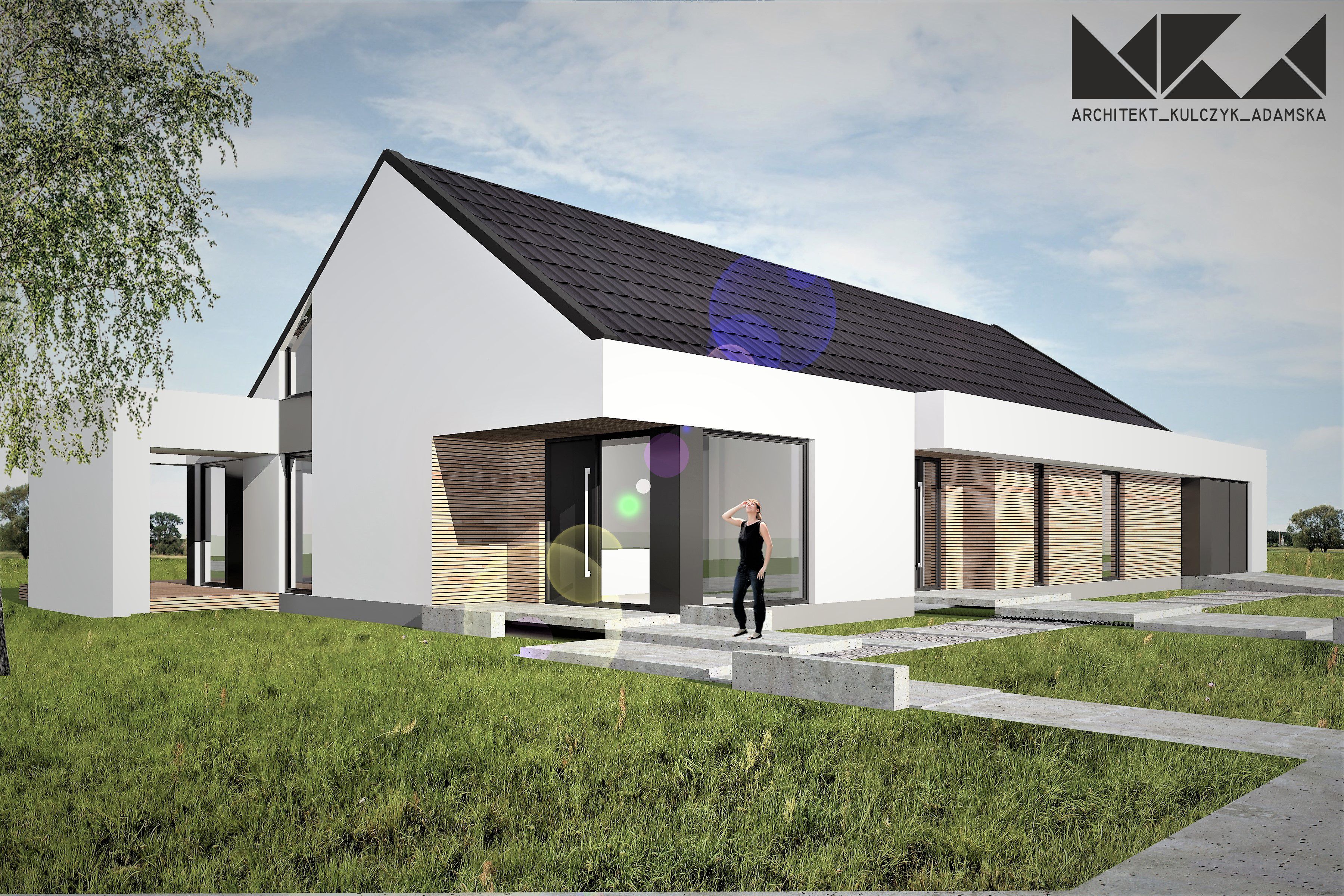 Wizualizacja nowoczesnego domu jednorodzinnego z czarnym dachem i białymi ścianami, z drewnianymi akcentami elewacji, kobieta stoi na betonowym chodniku przed wejściem, na trawniku, logo architekta...