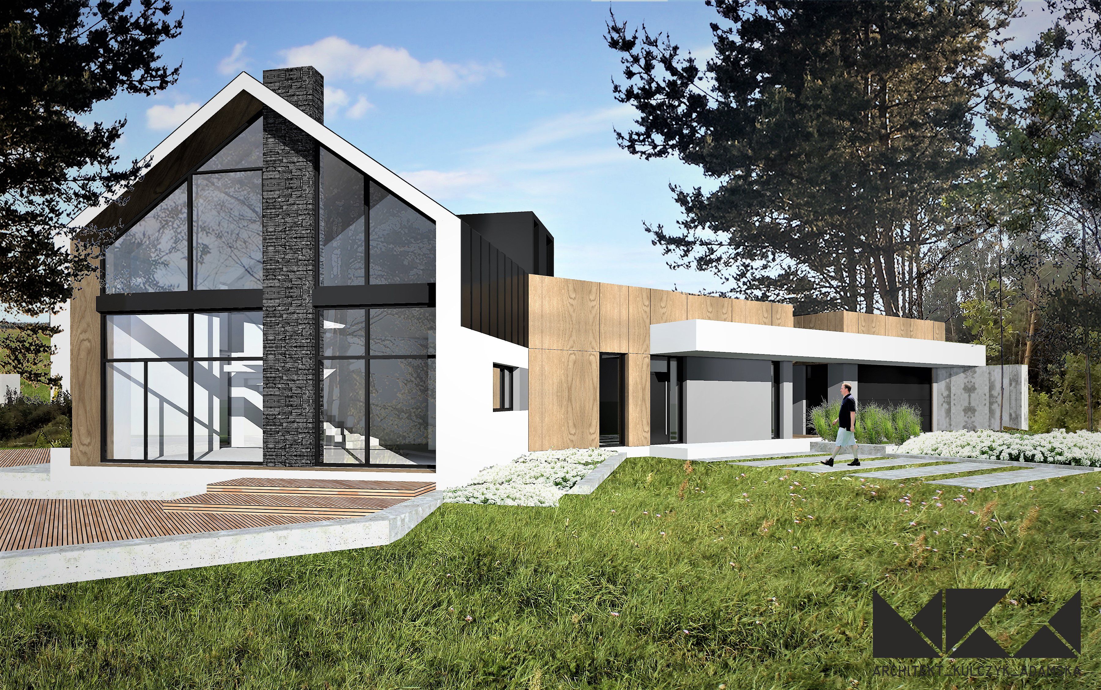 Wizualizacja nowoczesnego domu jednorodzinnego z dużymi przeszkleniami, elewacją z drewna i kamienia, oraz z zagospodarowaniem terenu z roślinnością i ścieżką z płyt.